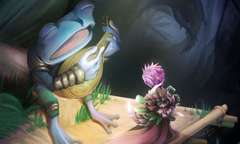 Illustration drawn for the Guild Wars 2 2019 Wintersday Zine: Journeys. It depicts the player character finding Scout Acan amidst the Mordrem-ravaged Verdant Brink, hidden on a small outcrop playing his lute.